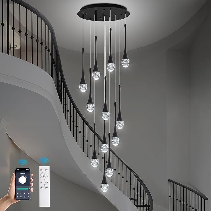 Modern Crystal Staircase Chandelier Black 12-Lights, H120'' Large High Ceiling Spiral Dimmable LED Raindrop Foyer Entryway Light Fixture Remote Control