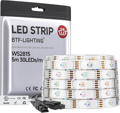 BTF-LIGHTING WS2815 (Upgraded WS2812B) LED Strip Light,UL Listed,16.4FT 150 LED/Pixels,Flexible Chasing RGB,Dual Signal Individually Addressable,5050SMD,DC12V IP67(No Adapter or Controller)