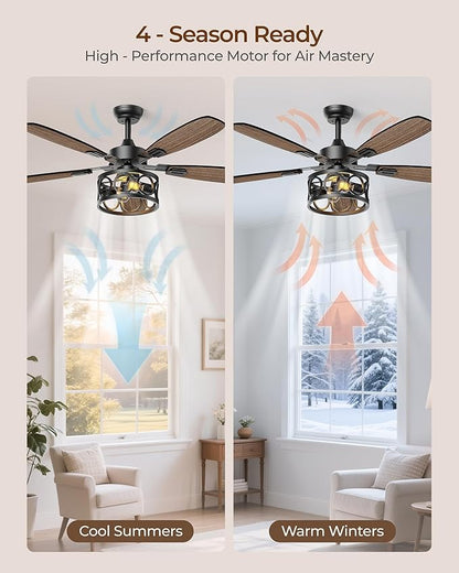 Ceiling Fans with Lights and Remote, 42'' Vintage Caged Ceiling Fan with Light, 5 Blades, 6+1 Speed, Flush Mount Ceiling Fan Whisper-quiet for Farmhouse, Living Room, Kitchen and Porch (42 Inch)