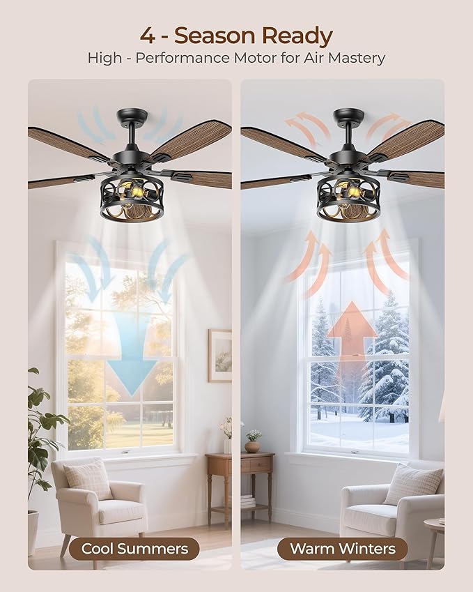 Ceiling Fans with Lights and Remote, 52'' Vintage Caged Ceiling Fan with Light, 5 Blades, 6+1 Speed, Flush Mount Ceiling Fan Whisper-quiet for Farmhouse, Living Room, Kitchen and Porch (52 Inch)