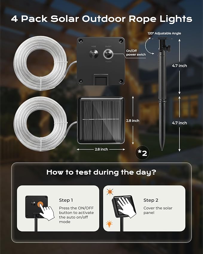 Brightown Solar Rope Lights, 4 Pack 39FT 100 LED Warm White Solar String Lights Outdoor, IP65 Waterproof Solar Powered Fairy Lights with 8 Lighting Modes for Yard Garden Patio Tree Decoration