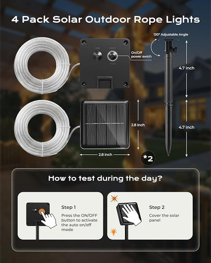 Brightown Solar Rope Lights, 4 Pack 39FT 100 LED Warm White Solar String Lights Outdoor, IP65 Waterproof Solar Powered Fairy Lights with 8 Lighting Modes for Yard Garden Patio Tree Decoration