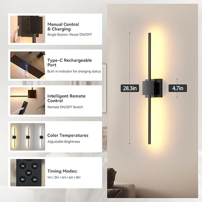 Battery Operated Wall Sconces Set of 2, 𝐔𝐩𝐠𝐫𝐚𝐝𝐞𝐝 8000mAh Rotatable Picture Lights with Remote Control, Dimmable 3000-6500K LED Rechargeable Wall Lights for Living Room Bedroom Mirror, 28.3In