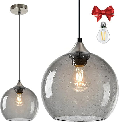 Large Light Grey Glass Pendant Light for Kitchen Island, Includes 1 Bulb & 4.92FT Adjustable Cord, Modern Pendant Lighting Fixtures for Kitchen, Dining Room, Living Room(9.1in)