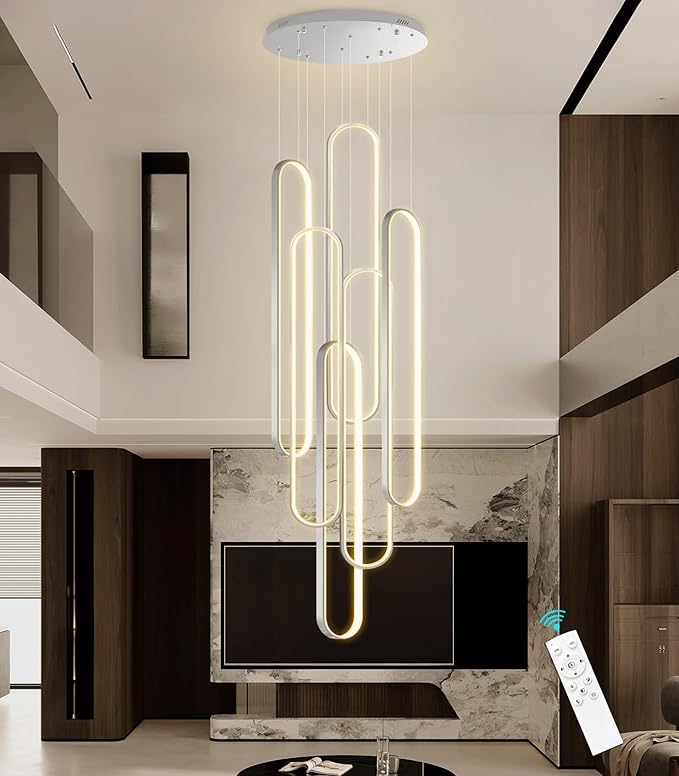6 Rings Modern Chandelier LED Dimmable Pendant Lighting High Ceiling Chandelier for Entrance Foyer Lobby Staircaes Sliver 118''