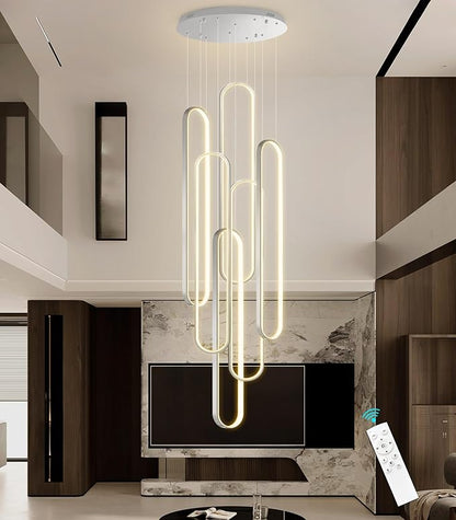 6 Rings Modern Chandelier LED Dimmable Pendant Lighting High Ceiling Chandelier for Entrance Foyer Lobby Staircaes Sliver 118''