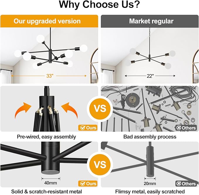 MQMQA Sputnik Chandeliers Dining Room Light Fixture (8-Light, 30-Inch), Modern Black Chandelier, Height Adjustable Mid Century Modern Chandeliers for Dining Room Kitchen Island (Bulbs Not Included)