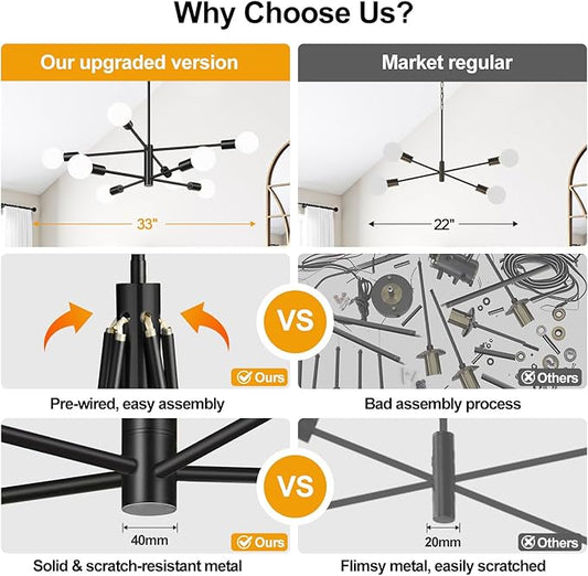 MQMQA Sputnik Chandeliers Dining Room Light Fixture (8-Light, 30-Inch), Modern Black Chandelier, Height Adjustable Mid Century Modern Chandeliers for Dining Room Kitchen Island (Bulbs Not Included)