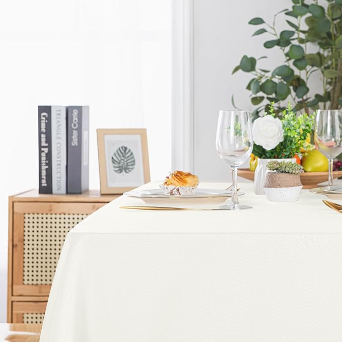 Hiasan 60 X 60 Inch Square Textured Tablecloth - Waterproof Spillproof Antiwrinkle Jacquard Table Cloth for Kitchen and Dining Dinner, Outdoor Picnic, Holiday and Parties, Ivory