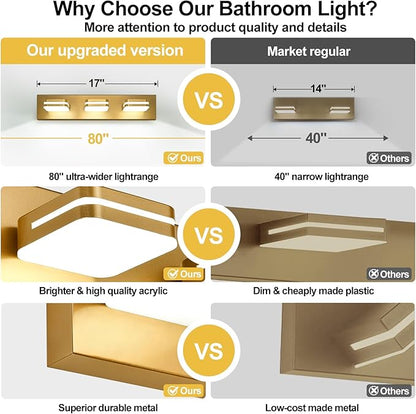 360° Rotate LED Bathroom Vanity Light Fixtures, 1300LM Acrylic Gold Vanity Lights for Bathroom, Modern Wall Lighting Fixtures Over Mirror Kitchen Living Room Hallway (Natural White Light 5000K)