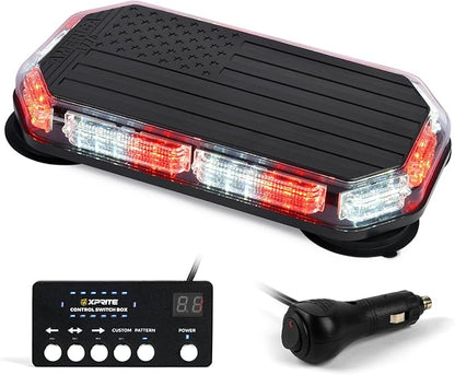 Xprite White Red Rooftop Emergency Strobe Light Bar, US Flag Beacon Safety Flashing Volunteer Firefighter Lights w/Control Panel Magnetic Base for First Responder Vehicles Fire Trucks