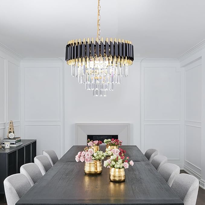 FRIXCHUR 20" Modern Crystal Chandelier 4 Tiers Black and Gold Chandelier Pendant Light 53" Long Chandeliers for Entryway Dining Room Living Room Hallway Foyer E12*7 (Exclud Bulbs)