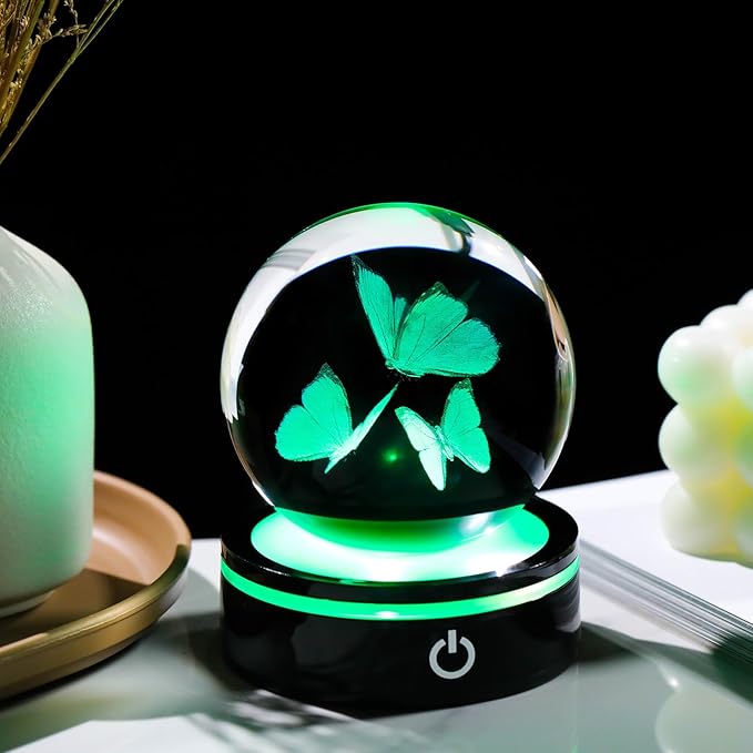 YWHL 3D Butterfly Gifts for Women, Crystal Butterfly Figurine Ball with Colorful Light Base, Birthday Mother Day for Butterfly Lover, Glass Animal Collection Sphere Home Decor(80mm)