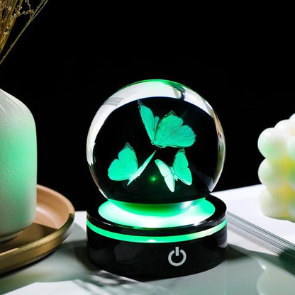 YWHL 3D Butterfly Gifts for Women, Crystal Butterfly Figurine Ball with Colorful Light Base, Birthday Mother Day for Butterfly Lover, Glass Animal Collection Sphere Home Decor(80mm)