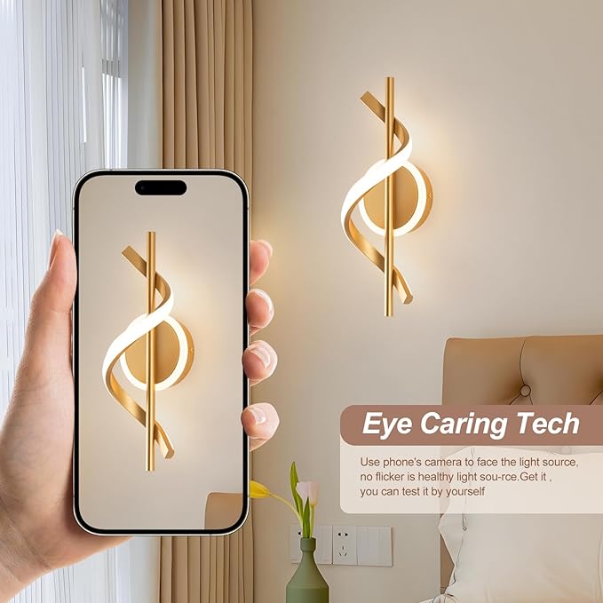 EIDISUNY 2Pack LED Wall Sconces Indoor, 12W LED Wall Mount Lights, Modern Spiral Wall Lamp, 3000K Wall Light Fixture for Stairs, Living Room, Bedroom, Aisle, Hallway (Warm White, Gold)