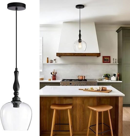 Modern Pendant Light Kitchen Island, Boho Chandelier, 7.87" Bell Shape Hanging Lamp Ceiling Lighting Fixture with Glass Lampshade (Clear)