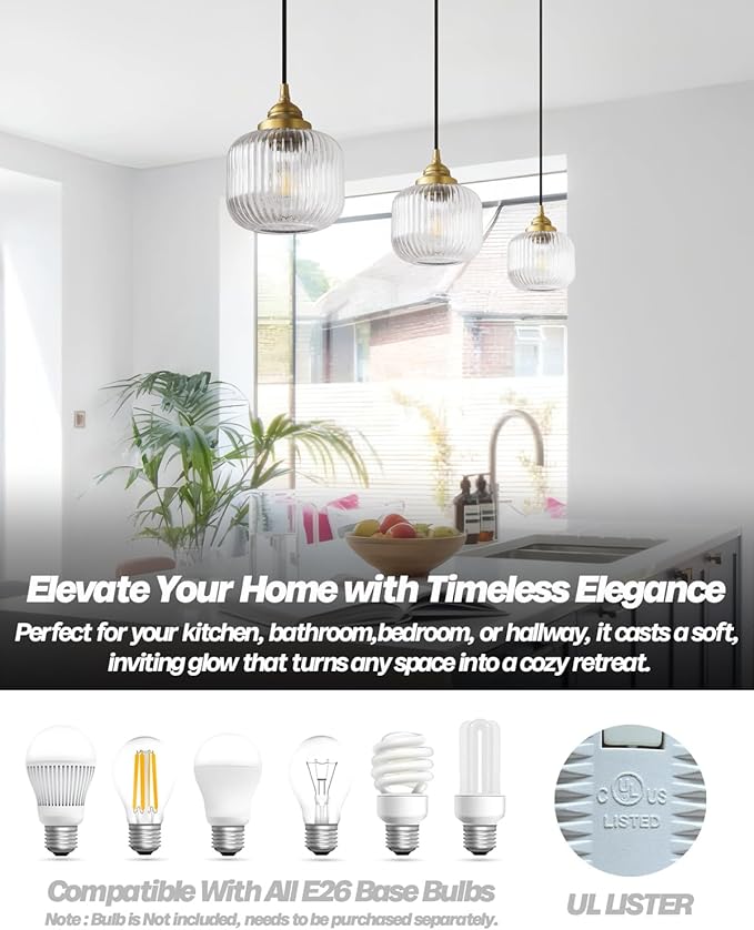Vintage Ceiling Pendant Light with Clear Ribbed Glass Lampshade, Industrial Globe Hanging Light Fixture for Kitchen Island Hallway Dining Room Stairway