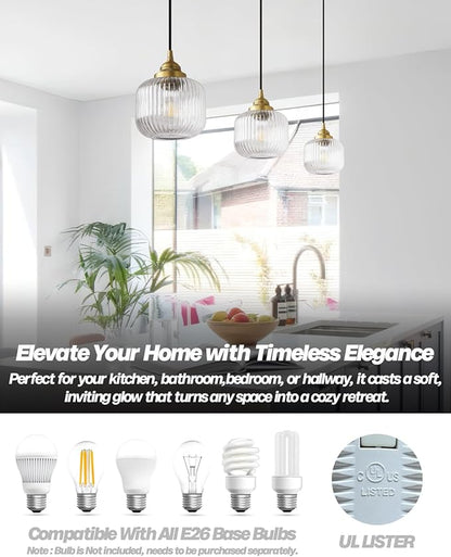 Vintage Ceiling Pendant Light with Clear Ribbed Glass Lampshade, Industrial Globe Hanging Light Fixture for Kitchen Island Hallway Dining Room Stairway