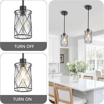 Refice Glass Pendant Lights Kitchen Island, Black Kitchen Hanging Light with Clear Glass, Farmhouse Cage Mini Pendant Lighting for Sink Dining Room Bedroom Bar, 2 Pack
