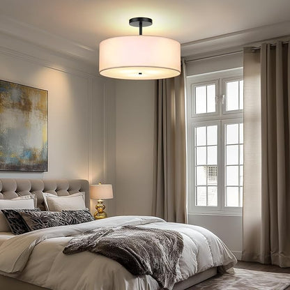 FRIDEKO HOME 3-Light Semi Flush Mount Ceiling Light, 15.74" Black Drum Light Modern with White Fabric Shade Lamps for Bedroom Living Room Kitchen Hallway Entryway Foyer