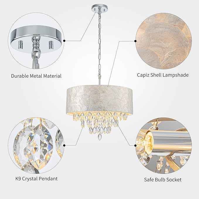 4-Light Drum Capiz Shell K9 Crystal Chandelier, Coastal Style Pendant Light Fixture for Dining Room, Living Room, D17.7 x H21~68 inch (Adjustable), Clear Crystal & Chrome Finish