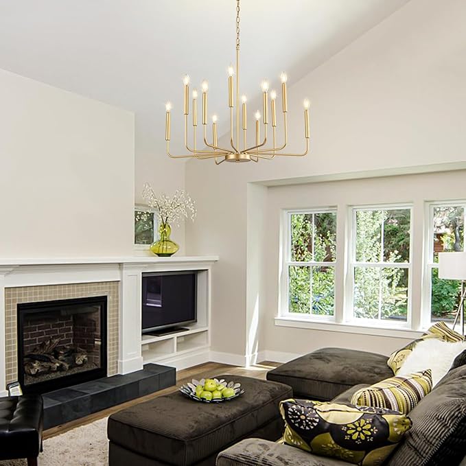 Modern Gold Chandelier for Dining Room,Metal 12-Light Kitchen Light Fixtures, Farmhouse Candle Hanging Pendant Light for Living Room Entryway Foyer Bedroom (Bulbs Not Included)