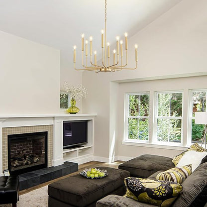 Modern Gold Chandelier for Dining Room,Metal 12-Light Kitchen Light Fixtures, Farmhouse Candle Hanging Pendant Light for Living Room Entryway Foyer Bedroom (Bulbs Not Included)