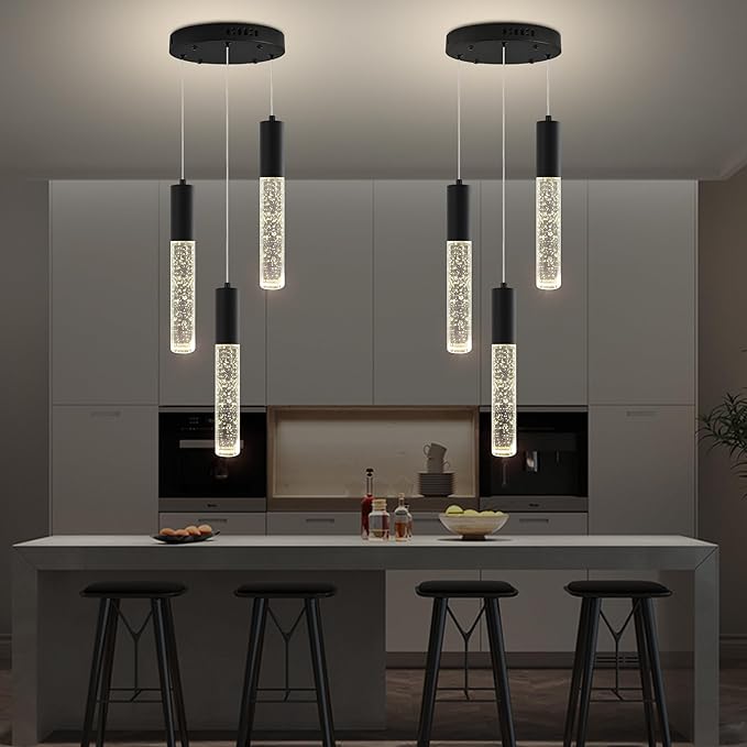 Modern Crystal Chandelier for Kitchen Island 3-Lights, Elegant Black LED Bubble Pendant Lighting Fixture for Dining Room Bedroom Entryway