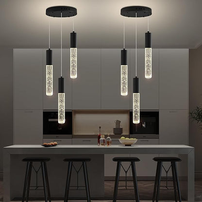 Modern Crystal Chandelier for Kitchen Island 3-Lights, Elegant Black LED Bubble Pendant Lighting Fixture for Dining Room Bedroom Entryway