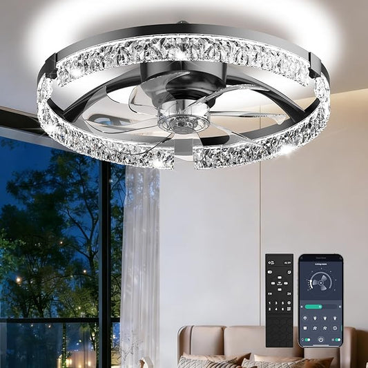AIKVSXER 20" Low Profile Ceiling Fan with Light and Remote, Dimmable LED Flush Mount Ceiling Fan, 6 Speeds, White Modern Design for Bedroom/Living Room （Black-Crystal）