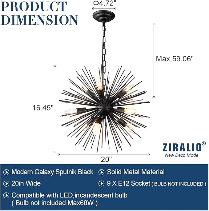 20" Black Sputnik Chandelier Vintage 9-Light Modern Starburst Chandelier Light Fixture Solid Metal Black Satellite Sputnik Chandeliers for Dining Room, Kitchen, Bedroom, Living Room, Foyer