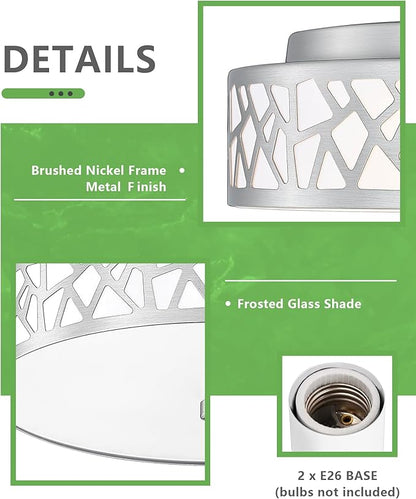 2-Light Flush Mount Ceiling Light,12 inch Modern Close to Ceiling Light Fixture with Brushed Nickel Metal and Frosted Glass Shade for Hallway, Kitchen, Bedroom(2 PK)
