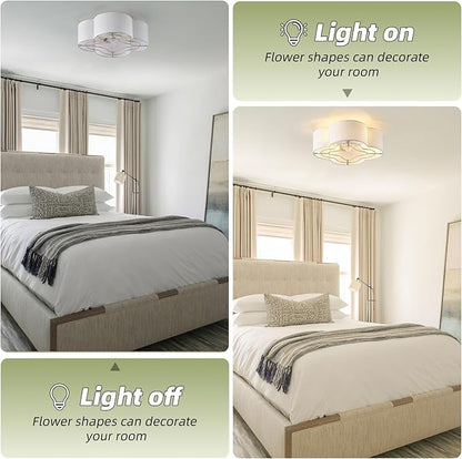 Caged Ceiling Fan with Light, Boho Flush Mount Ceiling Fan with Lights Remote Control, Rattan with 6 Speeds for Bedroom, Living Room, Foyer, Nursery