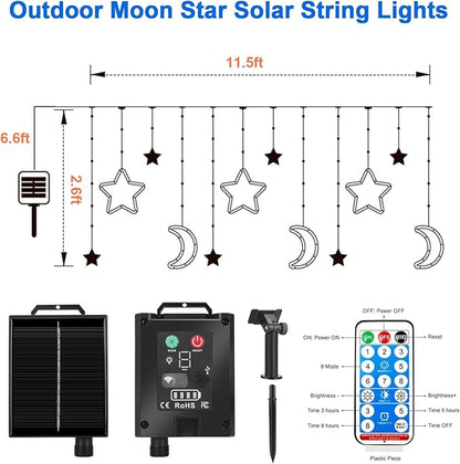 Moon Stars Solar String Lights for Outdoor, Christmas Decorations Curtain Lights with Remote Control and USB Backup Charger, Automatic ON-Off, IP65 Waterproof, Warm Yellow