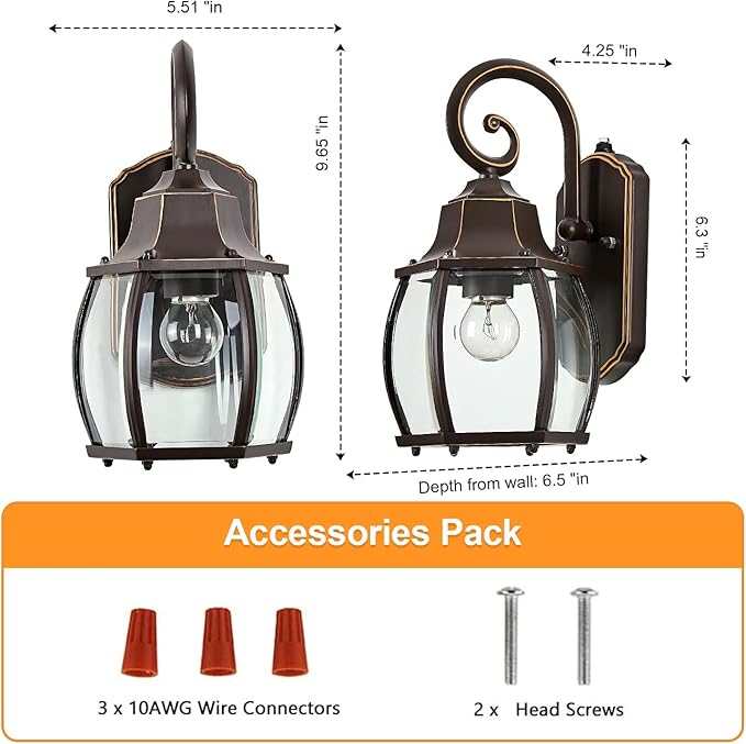 Dusk to Dawn Outdoor Wall Light in Oil Rubbed Bronze with Gold Rim 2-Pack Wall Lamp Outside Sensor Exterior Light Fixtures Wall Mount Porch Light E26 Exterior Wall Sconces for House Garden