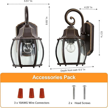 Dusk to Dawn Outdoor Wall Light in Oil Rubbed Bronze with Gold Rim 2-Pack Wall Lamp Outside Sensor Exterior Light Fixtures Wall Mount Porch Light E26 Exterior Wall Sconces for House Garden