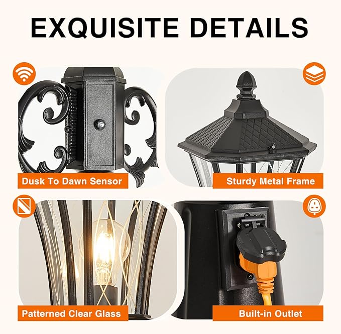 Dusk to Dawn Outdoor Lamp Post Lights with Outlet, Hardwired 2-Head Street Light Fixtures with Patterned Glass, Waterproof Outside Pole Lamps for Backyard, Garden, Driveway