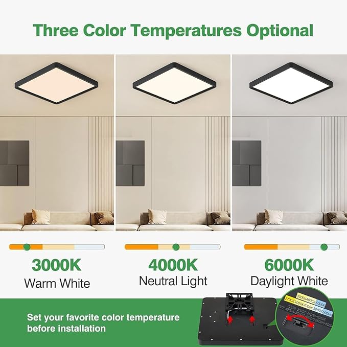 12 Inch Square LED Flush Mount Ceiling Light, 24W, 2520LM, 3000K/4000K/6000K CCT Selectable, Flat Panel Light, Low Profile, Fits for Hallway, Kitchen, Bedroom, Laundry Room (Black, 12" 12PK)