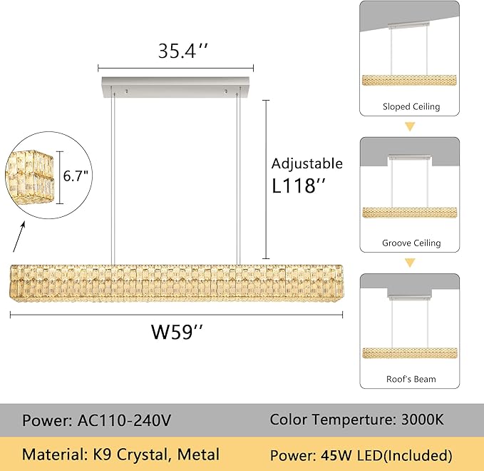 Rectangular Crystal Chandelier Glam Dimmable LED Crystal Chandeliers for Dining Room Linear Pendant Light with Remote Control for Kitchen Island Silver