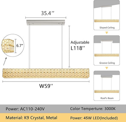 Rectangular Crystal Chandelier Glam Dimmable LED Crystal Chandeliers for Dining Room Linear Pendant Light with Remote Control for Kitchen Island Silver
