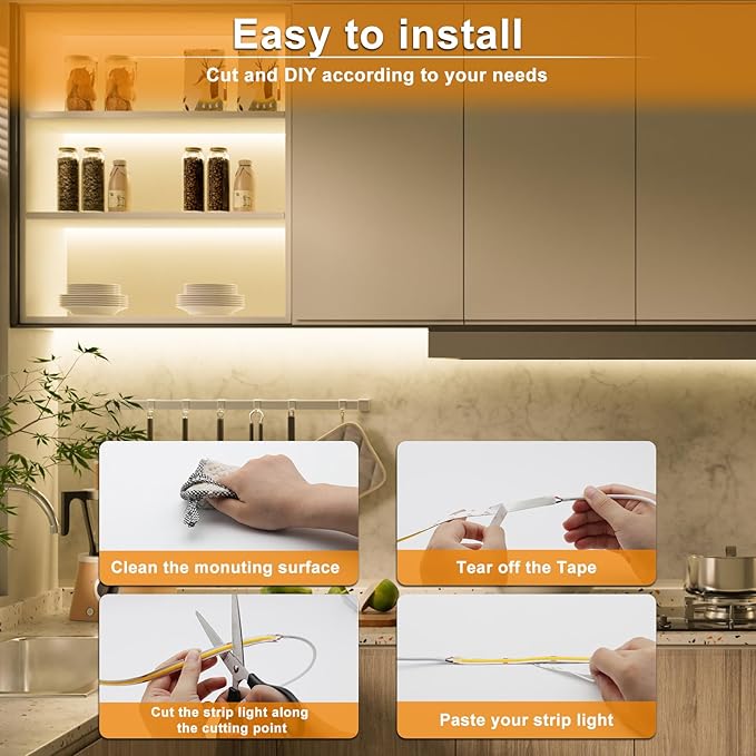 PAUTIX COB LED Strip Light 2520LEDs,Super Bright High Lumen 4000K Natural White 16.4ft,Dimmable 24V LED Tape Light with 3M Tape,RF Remote with Timer Function,36W Adapter,for Bedroom,Home,Kitchen DIY