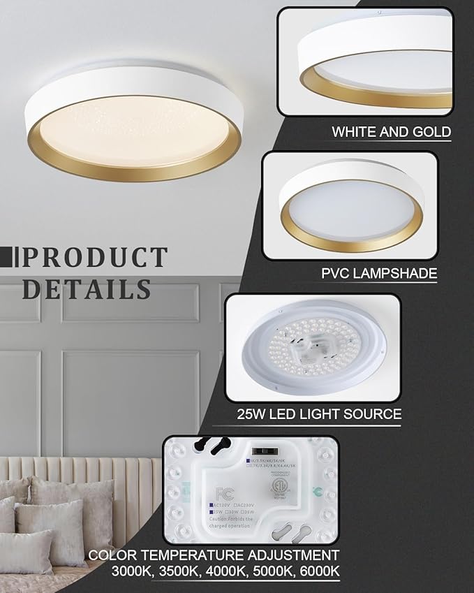 ANYLOVE 10 Inch Modern Flush Mount Ceiling Lights,White Gold Plastic Round Ceiling Light,Dimmable 3000K,3500K,4000K,5000K,6000K,for Living Room,Dining Room,Bedroom,Kitchen (White and Gold, 10 Inch)