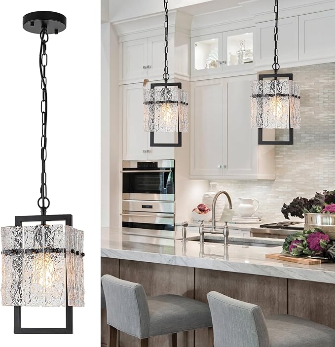 Modern Black Pendant Lights Kitchen Island, Crystal Kitchen Island Lighting with Water Ripple Glass Pendant Light Fixtures Elegant Chandeliers for Dining Room Hallway, Height Adjustable UL Listed