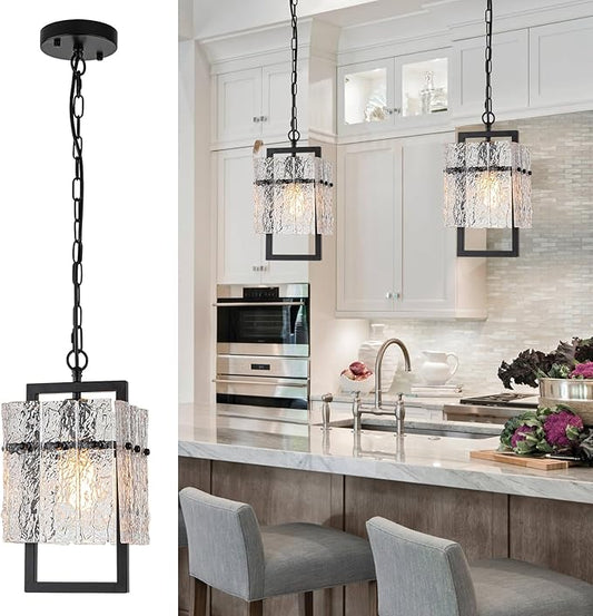 Modern Black Pendant Lights Kitchen Island, Crystal Kitchen Island Lighting with Water Ripple Glass Pendant Light Fixtures Elegant Chandeliers for Dining Room Hallway, Height Adjustable UL Listed