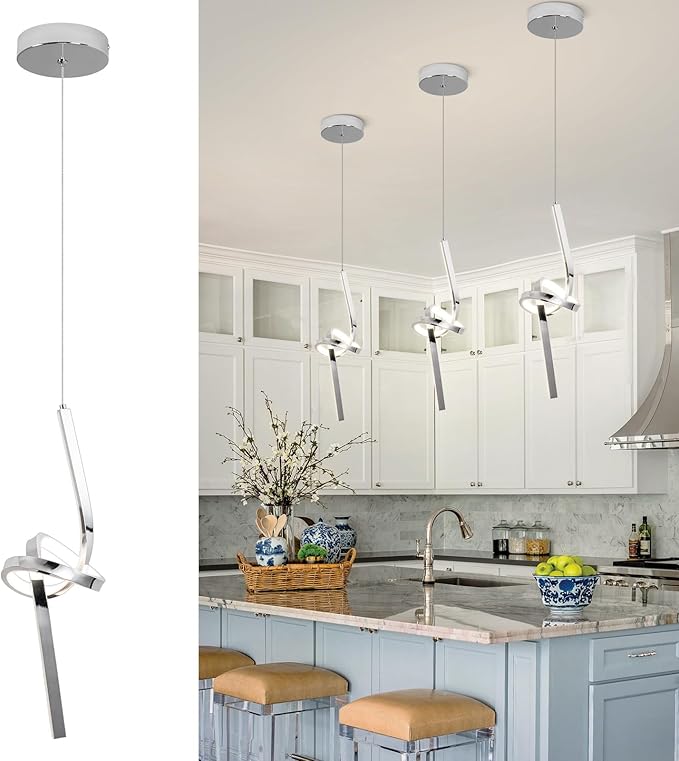 ADISUN Modern LED Pendant Light, Spiral Pendant Lights Kitchen Island, 4500K Neutral Light, Adjustable Height, Pendant Light Fixtures for Living Room Bedroom Hanging Light(Chrome)