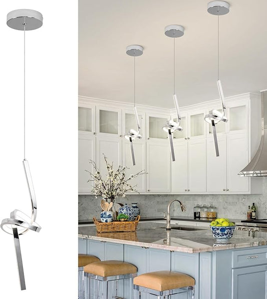 ADISUN Modern LED Pendant Light, Spiral Pendant Lights Kitchen Island, 4500K Neutral Light, Adjustable Height, Pendant Light Fixtures for Living Room Bedroom Hanging Light(Chrome)