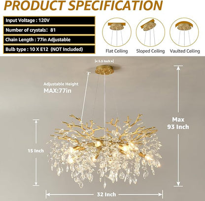 EGM Gold Tree Branch Crystal Chandelier, 32 Inch Modern Raindrop Crystal Ceiling Light Fixtures 10-Light(E12), Hanging Round Chandeliers for Dining Room Living Room Bedroom Foyer