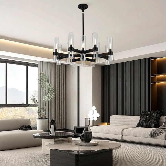 12 Light Black Chandeliers for Dining Room Light Fixtures Over Table, Modern Farmhouse Chandelier with Clear Glass Cover for Living Dining Room Kitchen Island Bedroom Foyer 34"