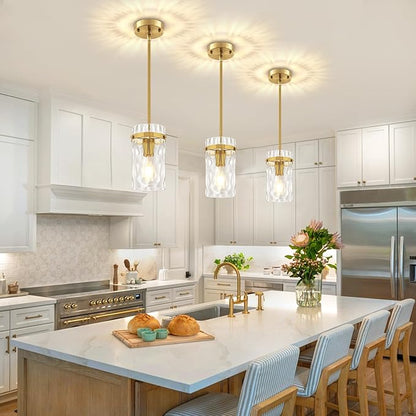 Brushed Gold Pendant Lights Kitchen Island 2 Pack, Hammered Glass Kitchen Pendant Lighting Over Island Adjustable Hanging Bathroom Light Fixtures Modern Pendant Light for Dining Room Hallway Foyer