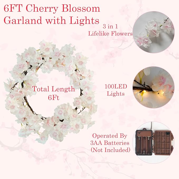 obbsie 6FT Lighted Cherry Blossom Garland with 100 Fairy Lights Timer Battery Operated Artificial Cherry Blossom Flower Vines with Lights for Mantle Home Fireplace Wedding Party Office Decor